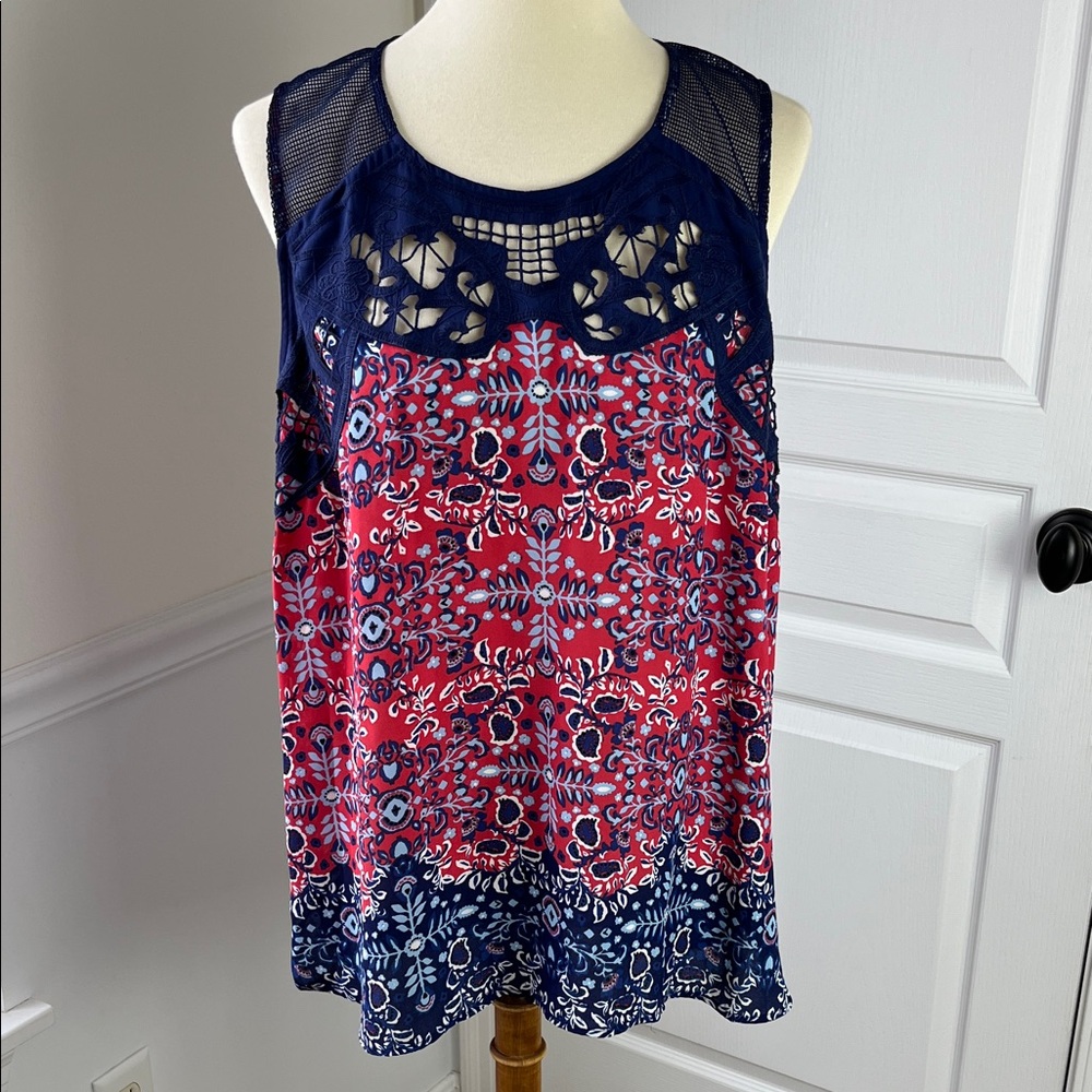 Pale Sky Sleeveless Navy and Red Patterned Women's Top
